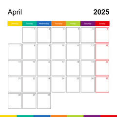 April 2025 colorful wall calendar, week starts on Monday.