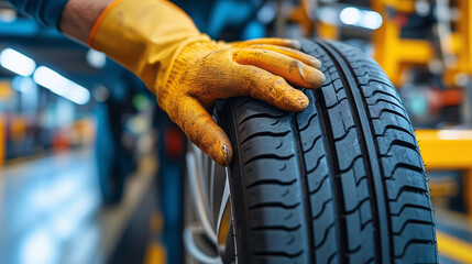 Close up of a Gloved Hand Inspecting a New Tire in a Factory Setting