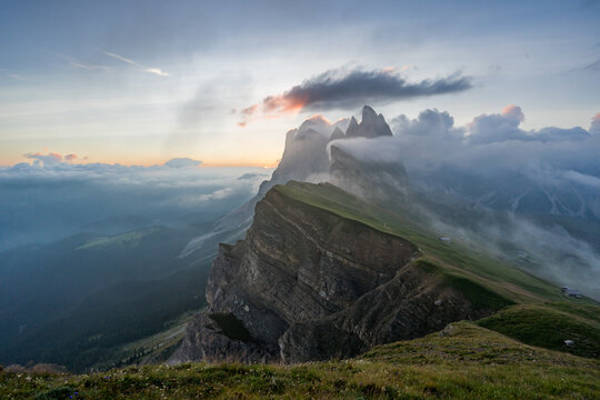 First sunlight over Seceda Mountain 
