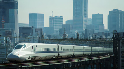 Naklejka premium A high-speed bullet train passing through a modern cityscape with skyscrapers and futuristic architecture in the background.