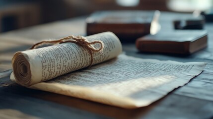 A rolled-up vintage manuscript rests on a sunlit wooden table, evoking nostalgia for knowledge and history.