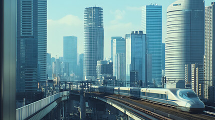 Fototapeta premium A high-speed bullet train passing through a modern cityscape with skyscrapers and futuristic architecture in the background.