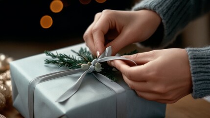 Hands delicately tie a silver ribbon on a gift, adorned with evergreen sprigs, evoking elegance and the joy of giving.
