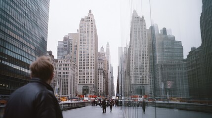 A man strolls through a modern urban landscape, towering skyscrapers reflecting in sleek glass, illustrating the convergence of solitude and city life.