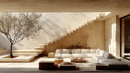 Modern minimalist living room with beige sofa, coffee tables, and staircase leading to upper floor.