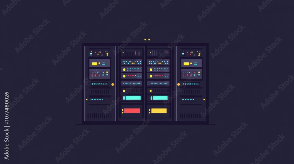 Fototapete multiple servers display blinking indicators, illustrating their ongoing operation within a dark, mo