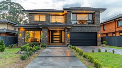 Modern two-story house with a stone facade, a walkway leading to the front door, and a garage.