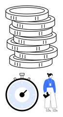Stacked coins stopwatch and person with document. Ideal for finance, business, time management, savings, investment, productivity, and deadlines. Line metaphor