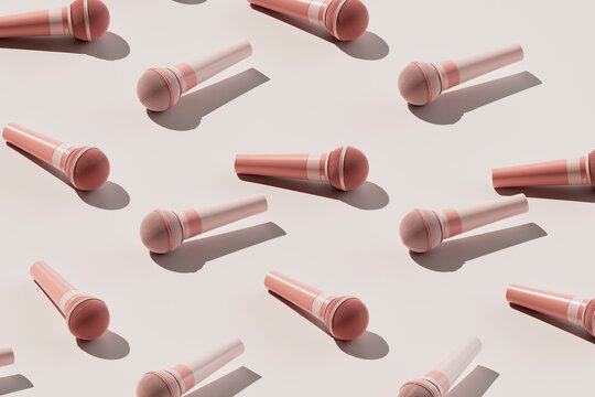 3D Render of Repeated Pink Microphones Pattern on Neutral Background
