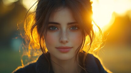 A portrait of a young woman illuminated by sunset, showcasing natural beauty and warmth.
