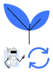 Leaf symbol, robot holding a pointer, and recycling arrows promoting eco-friendly tech and sustainability. Ideal for AI, green technology, eco solutions, automation, recycling, innovation