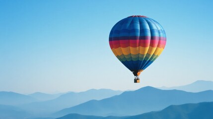 Fototapeta premium A vibrant hot air balloon floats elegantly over serene blue mountains, symbolizing adventure and tranquility high above the scenic landscape.