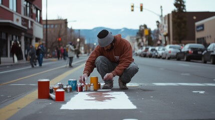 A street artist in a beanie, crouching on a city street painting, surrounded by vibrant cans of paint, capturing the essence of urban creativity.