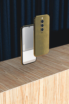 Two gold mobile phones on stage with curtain and wooden backdrop