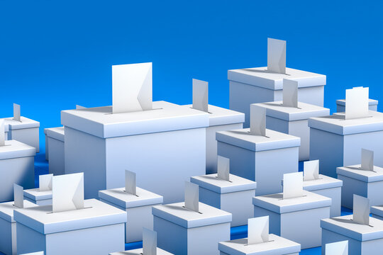 Ballot boxes for voting day during American elections set up in rows