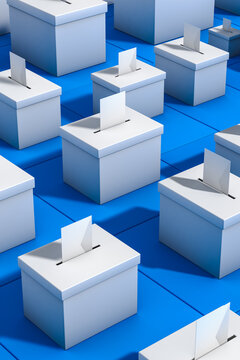 Ballot boxes for voting day during American elections set up in rows