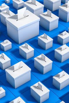 Ballot boxes for voting day during American elections set up in rows