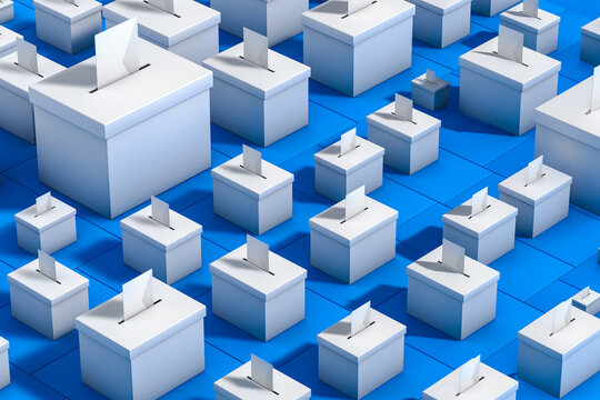 Ballot boxes for voting day during American elections set up in rows