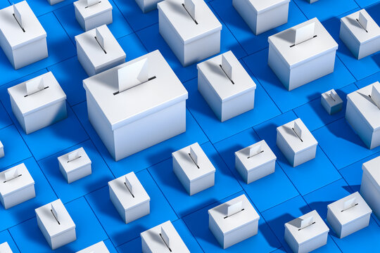 Ballot boxes for voting day during American elections set up in rows