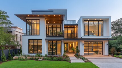 Fototapeta premium Modern white house with large windows and a grassy lawn.