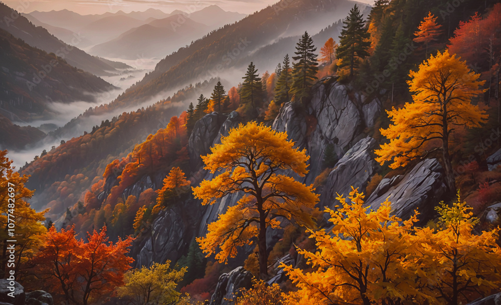 Poster mountain range with trees in autumn colors