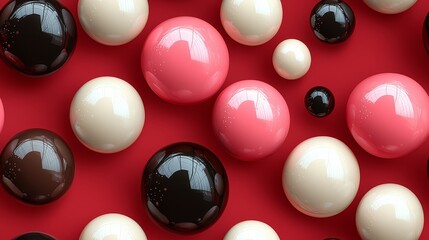 Colorful glossy spheres with reflections on red background