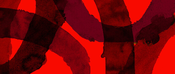 Abstract composition with curved watercolor shapes on red  background.