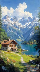A serene lakeside scene with a cozy cabin, mountains, and lush greenery.