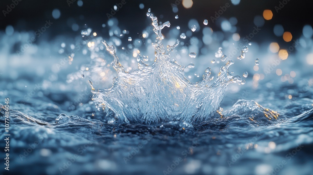 Poster close-up of a water splash with bokeh lights in the background.