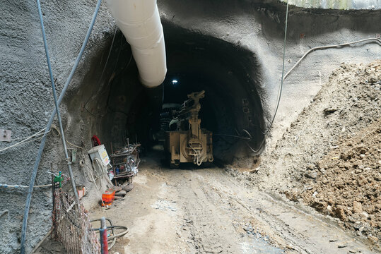 a work machine at the entrance of the tunnel in the subway constructio