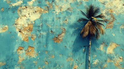 Palm tree shadow cast on a weathered blue wall.