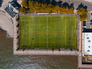 Aerial View of Waterfront Soccer Field
