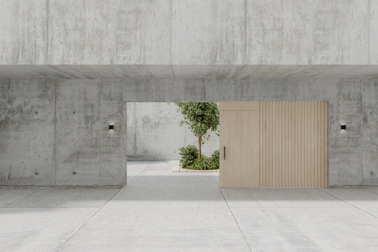 Contemporary concrete building with open wooden doors, greenery, 3d 