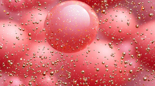 Abstract red bubbles with glittering particles in motion