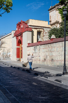 Mexico streets Man cleaning and sweeping
