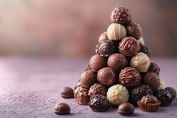 A pyramid of assorted gourmet chocolates on a purple background
