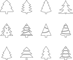 Christmas Tree simple line icons vector set. Christmas Tree with star thin line icons set. Linear fir, pine icon collection. New year holiday Simple contour xmas symbol isolated on white vector