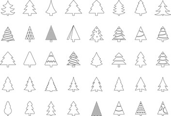Christmas Tree simple line icons vector set. Christmas Tree with star thin line icons set. Linear fir, pine icon collection. New year holiday Simple contour xmas symbol isolated on white vector