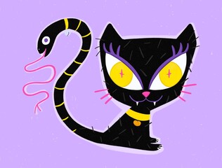Spooky Black Cat and Snake. Halloween Illustration