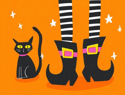 Witch and black cat. Halloween concept