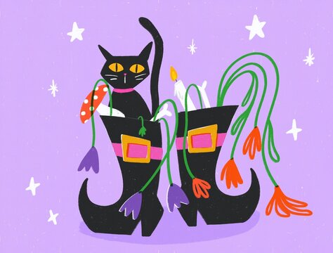 Witch boots with black cat. Halloween concept