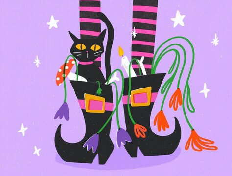 Whimsical Cat in Striped Witch's Boots. Halloween Illustration