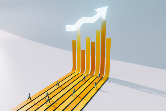 3D Business Growth with Arrow and Figures on Graph Pathways