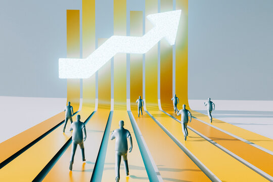 Futuristic 3D Business Growth with Figures and Graph Pathways