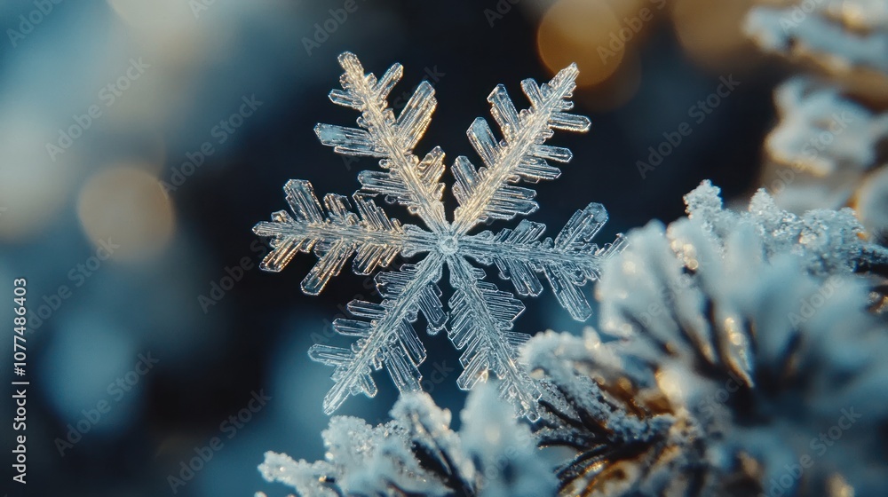 Aufkleber a close-up of a delicate snowflake resting on a branch, with a blurred background of a wintery scene