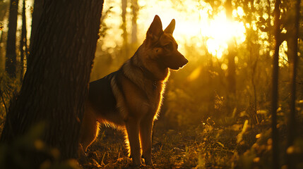 Fototapeta premium A majestic German Shepherd standing proudly in a forest during the golden hour with sunlight filtering through the trees.