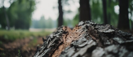 A fallen tree lies in a misty forest clearing, its rough bark contrasting with the soft, ethereal atmosphere of the surrounding woods.