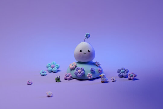 Garden made with modelling clay flowers with cute character smiling