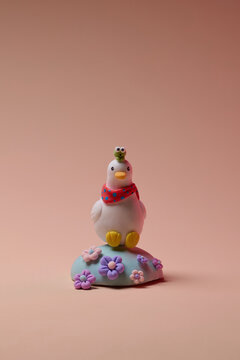 Cute Bird Figurine With Colorful Flowers And Frog Detail