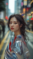 Fototapeta premium Stylish urban portrait of a model in glittering attire amidst a vibrant cityscape, perfect for wall art, posters, and fashion advertisements.